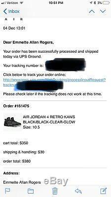 Air Jordan 4 Kaws Black Grey Size 10.5 Retro Yeezy Rare Jordan 11 Bred