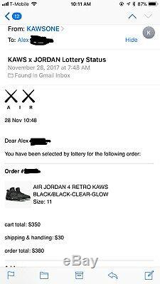 Air Jordan Retro 4 IV KAWS Black Size 11 100% AUTHENTIC