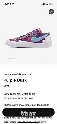 Nike sacai KAWS Blazer Low US Men's 8 Purple Dusk/-DM7901-500 CONFIRMED ORDER
