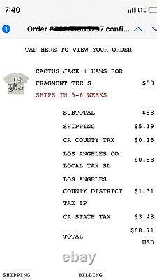 Travis Scott Cactus Jack x Kaws For Fragment Tee Size Small